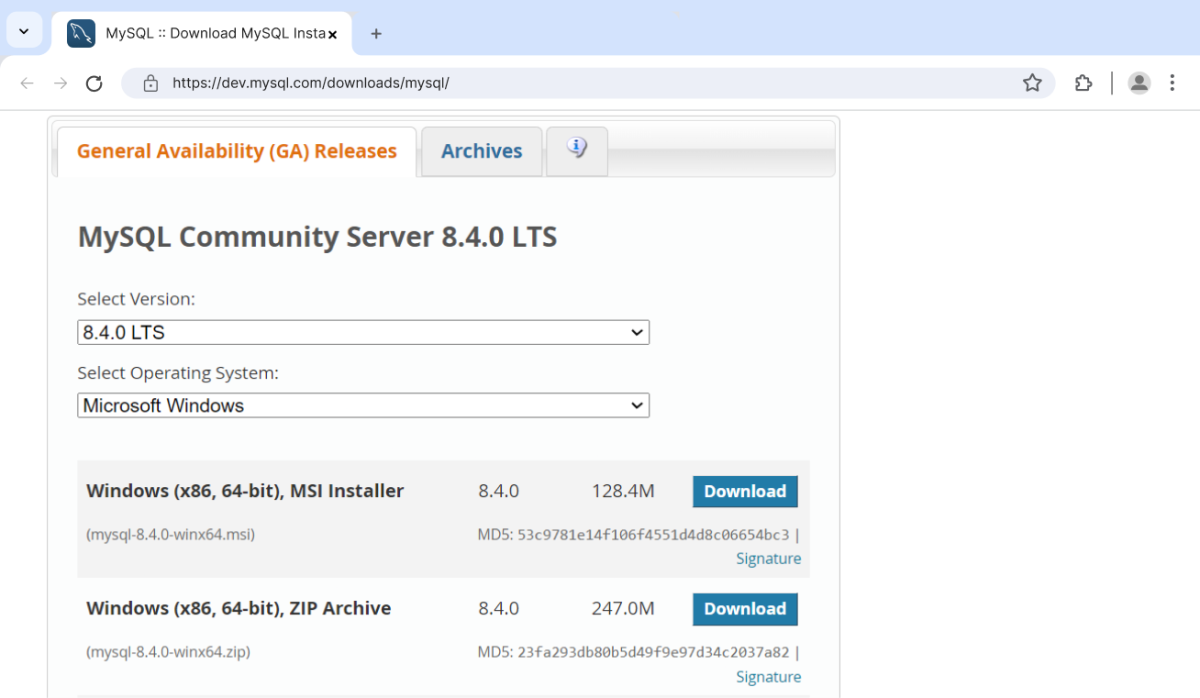 MySQL Download on Windows